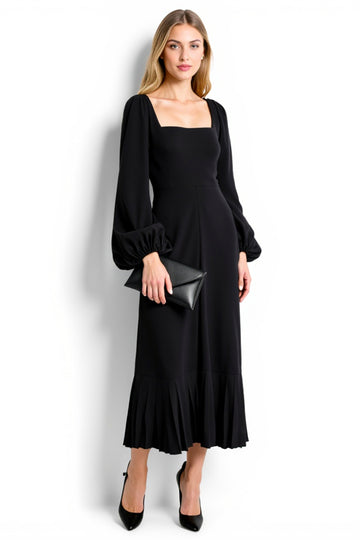 Black Sheath Square Neck Work Dress with Long Sleeves